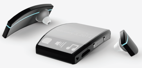 3 close-up illustrations, from left to right:  Bluetooth earpiece, wristwatch-size device with display and control buttons, hearing-aid-size earpiece